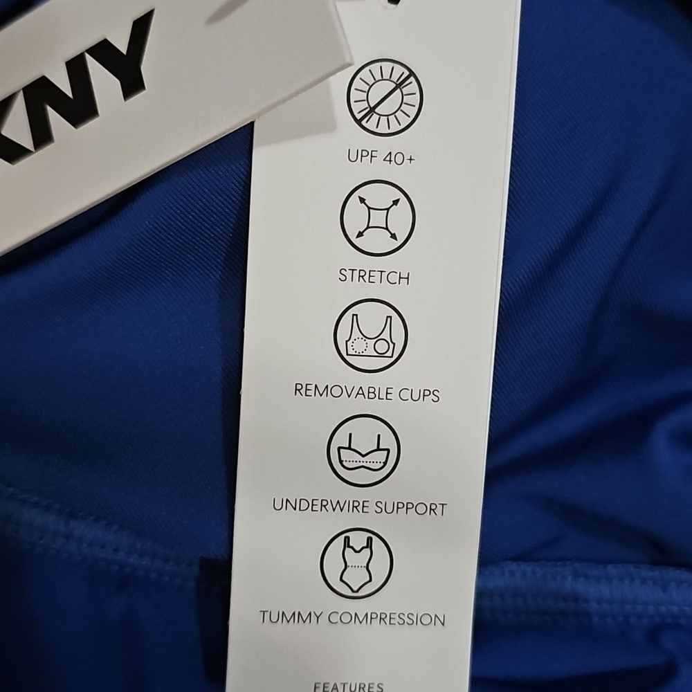 DKNY Ruffle Blue Plunge Underwire Tummy Control One-Piece Swimsuit Sz Large Nwt - Picture 9 of 10